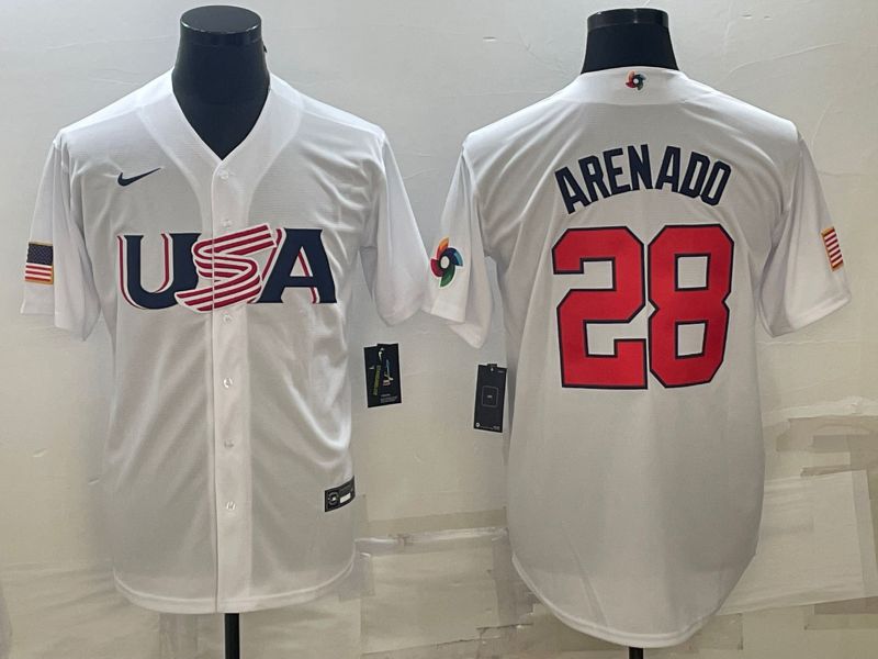 Men 2023 World Cub USA #28 Arenado White Nike MLB Jersey10